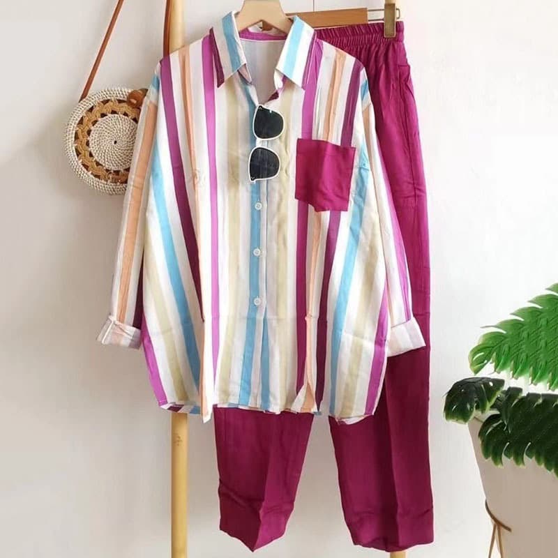 Women's Spring And Summer Large Size Loose Temperament Leisure Style Age-reducing Striped Long-sleeved Fashion Sports Suit