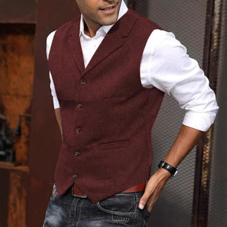 Men's Wool Blend Waistcoat – Slim Fit British Herringbone Vest With Notched Lapel (M-3XL, Acrylic-Wool, Business Casual, Black/Navy/Charcoal)​