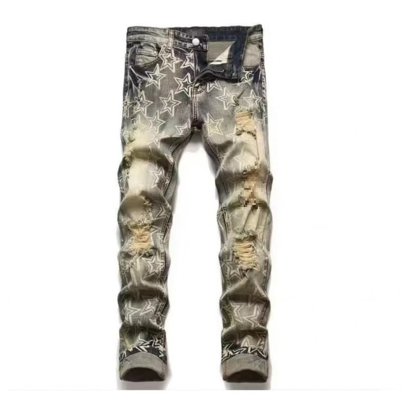 Jean slim pour homme 2026, style décontracté et tendance, en coton déchiré, orné d'écussons brodés.