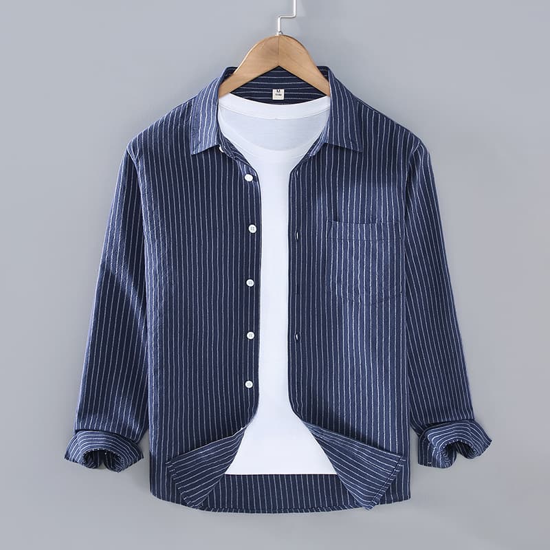 Autumn Vertical Striped Long Sleeved Shirt For Men's Business Casual Youth Shirt Jacket Retro