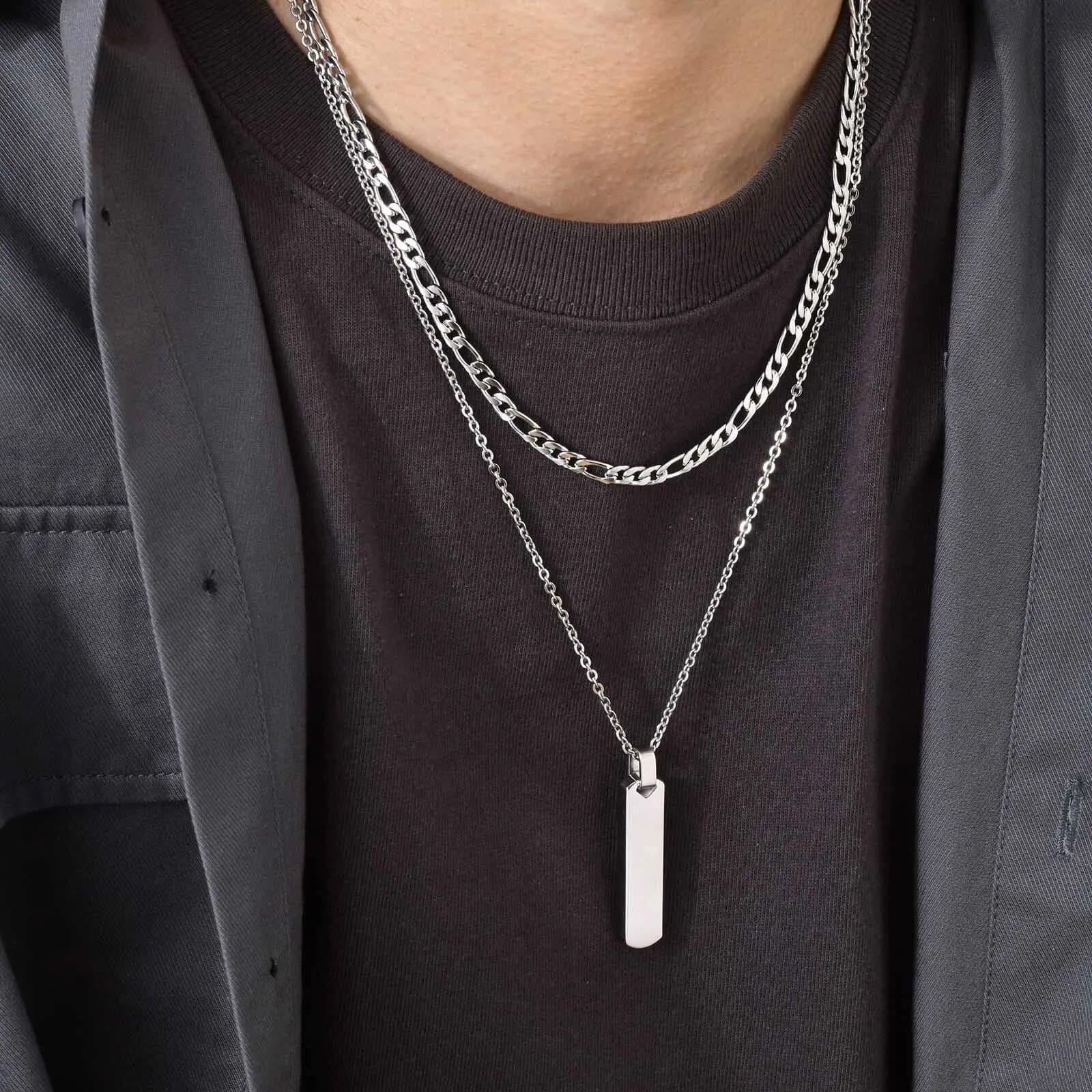 Ready Stock Stylish Geometric Vertical Bar Necklaces for Men Boys, Layering Stainless Steel Pendant with Wheat Rope Cuban