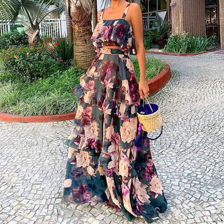 Women's Printed Two-piece Suspender Top + Cake Skirt Long Skirt Suit Women