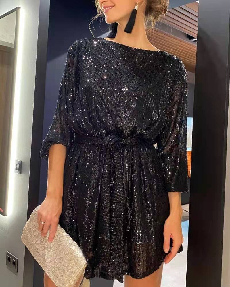Women's Clothing Party Fashion Sequins Beads Pure Color Waist Dress Small Dress Skirt