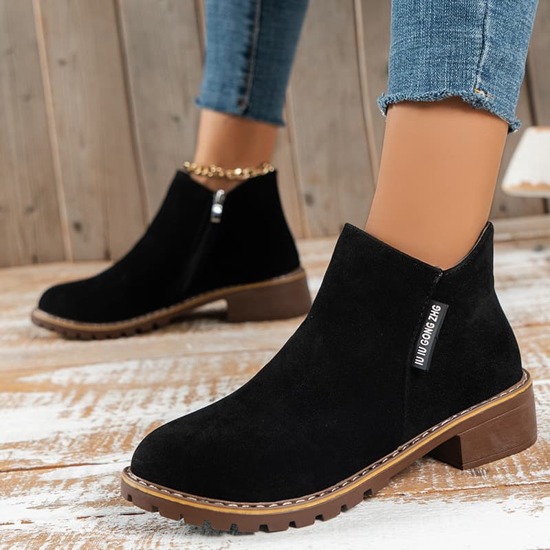 New autumn/winter short leg vintage frosted ankle boots for women with thick heels and flat side zippers