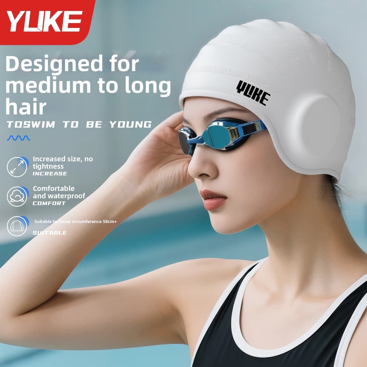Women's Extra Large Waterproof Swim Cap Professional Silicone Non-Squeezing Ear Protection Swimming Cap With Goggles Set For Adults