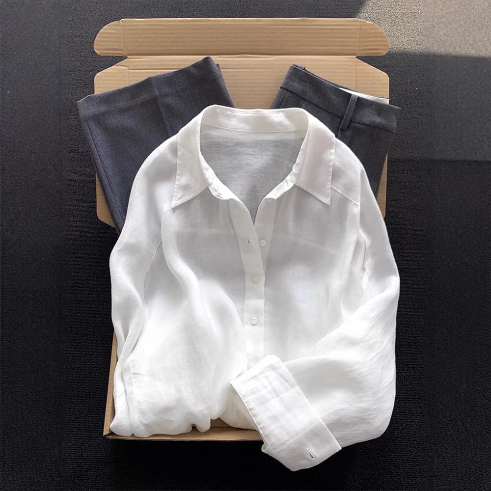 Premium Linen Shirt For Women - Breathable White & Raspberry Pink Blouse With Polo Collar & Relaxed Fit