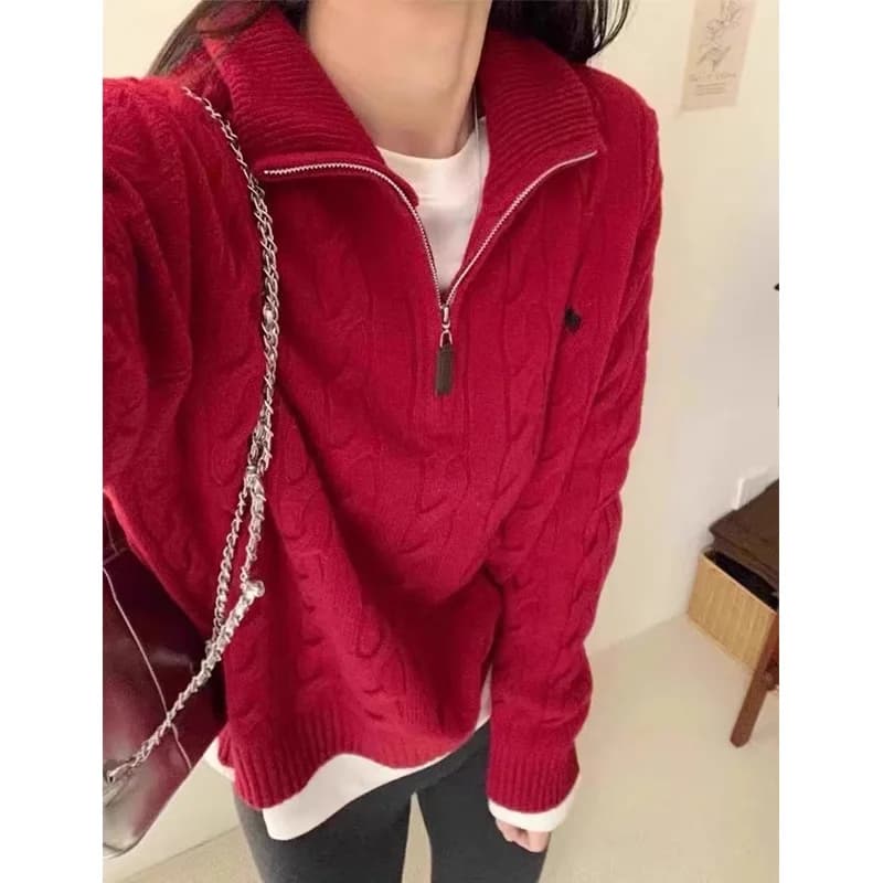 Design Sensation Small Audience Knitted Sweater Half Zipper Twist Soft Versatile Autumn Winter Small Size Cozy Sweater