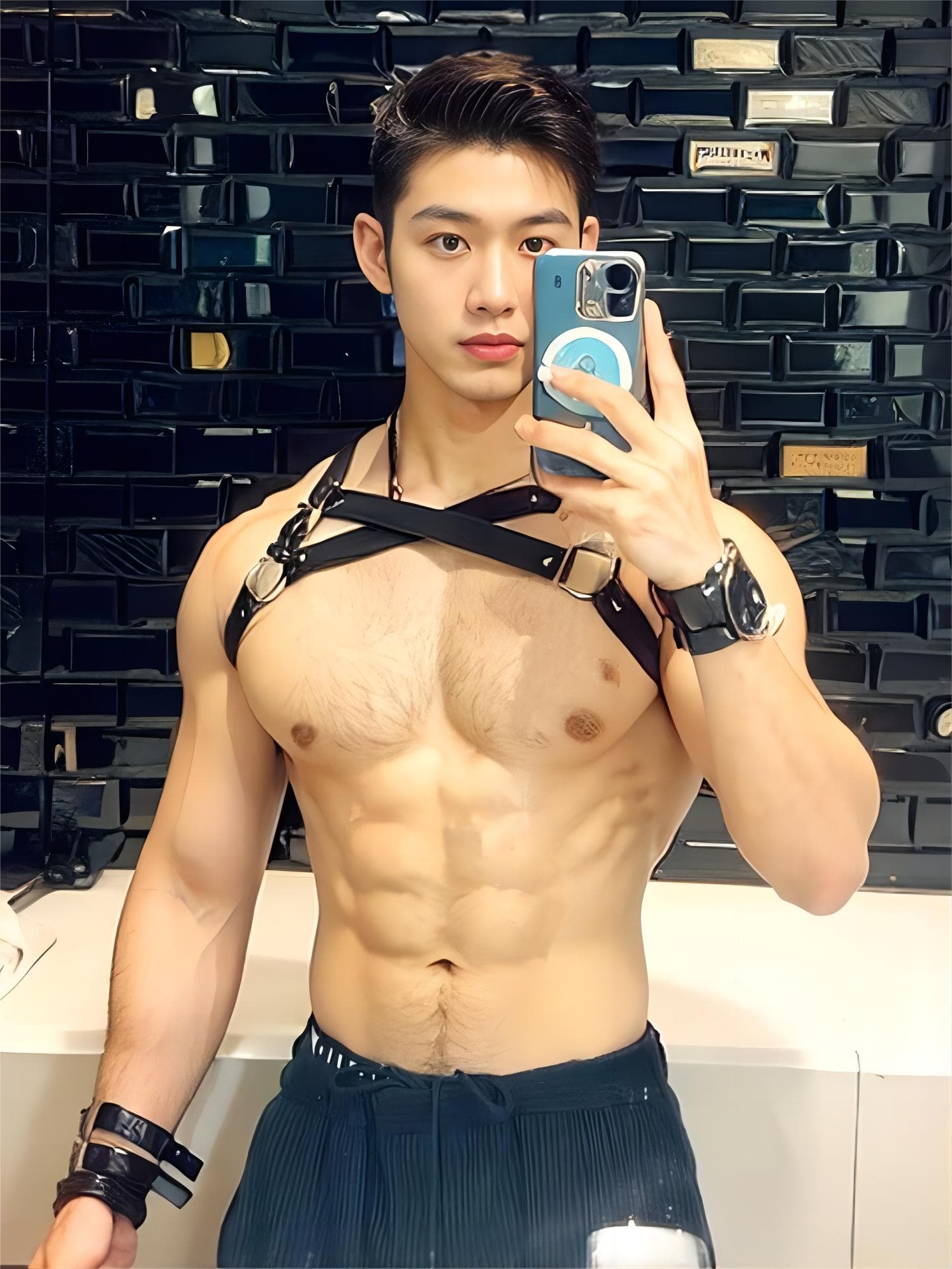 Men Black Leather SM Adult Sexy Binding Strap Nightclub Bar Stage Costume Jewelry Accessories Fashion