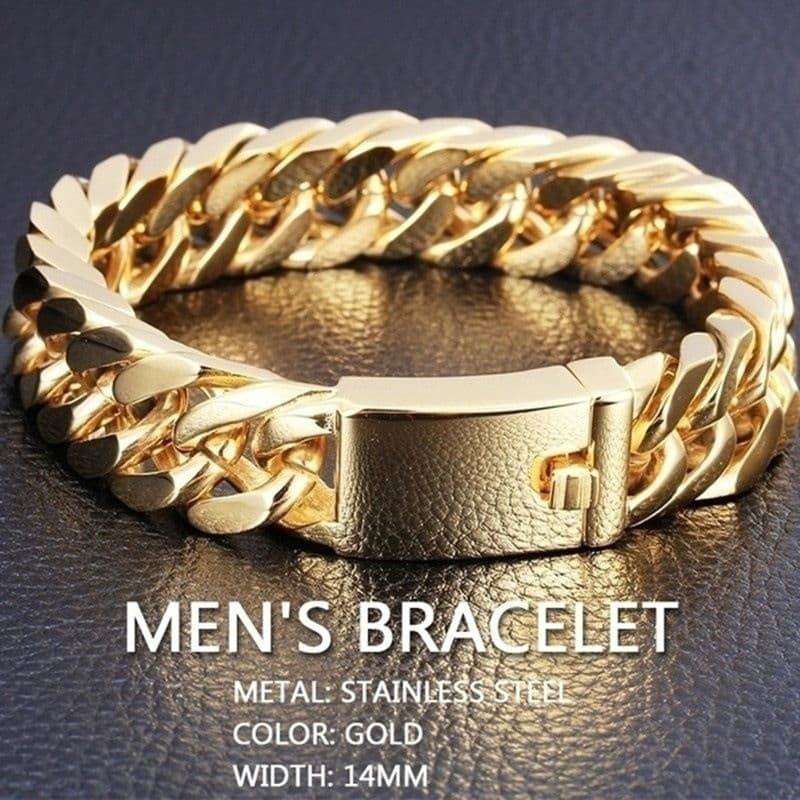 Men's Fashion Golden-plated 10mm Alloy Double Buckle Trendy Atmospheric Bracelet