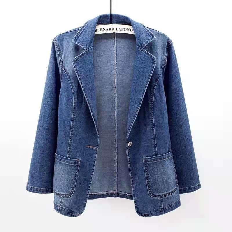 Women's Slim Fit Denim Blazer Jacket With Notched Lapel Single Button Open Front Casual Spring Autumn Coat