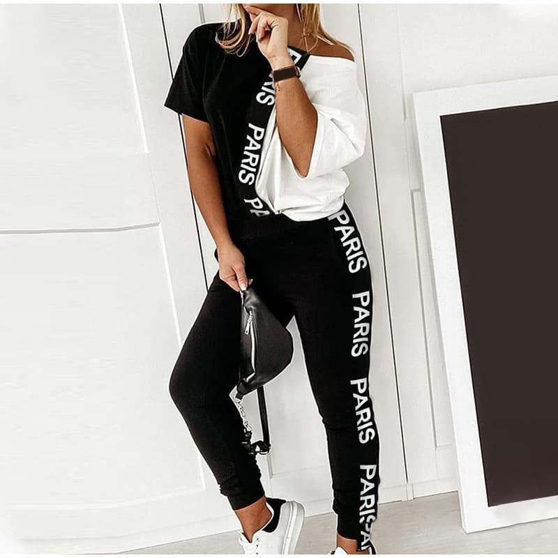 women's clothing summer black and white letter contrast color printing off-shoulder short-sleeved suit female