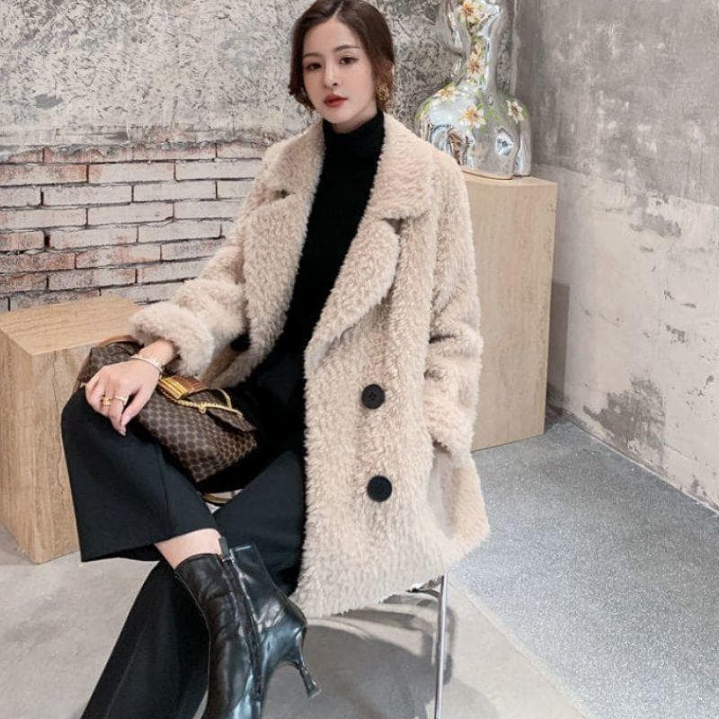 Winter Mid-length Fleece Coat For Women 2023 New Suit Collar Lambswool Fur Integrated Granular Fleece Coat