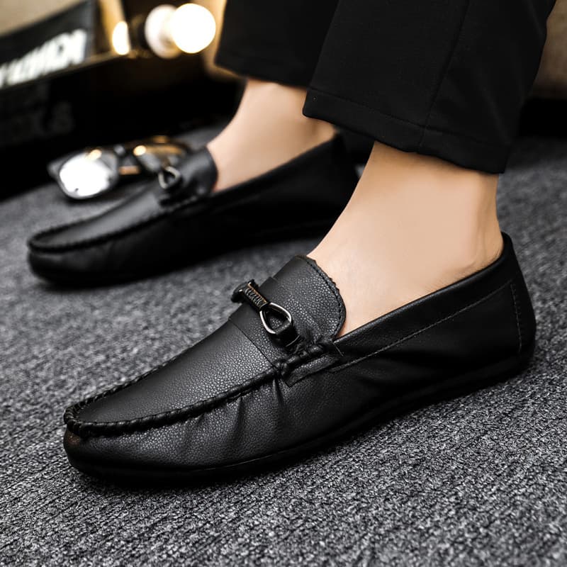 Men's Shoes Low-top Bean Shoes All-match Casual Shoes Breathable Leather Shoes Black Work Shoes Slip-on