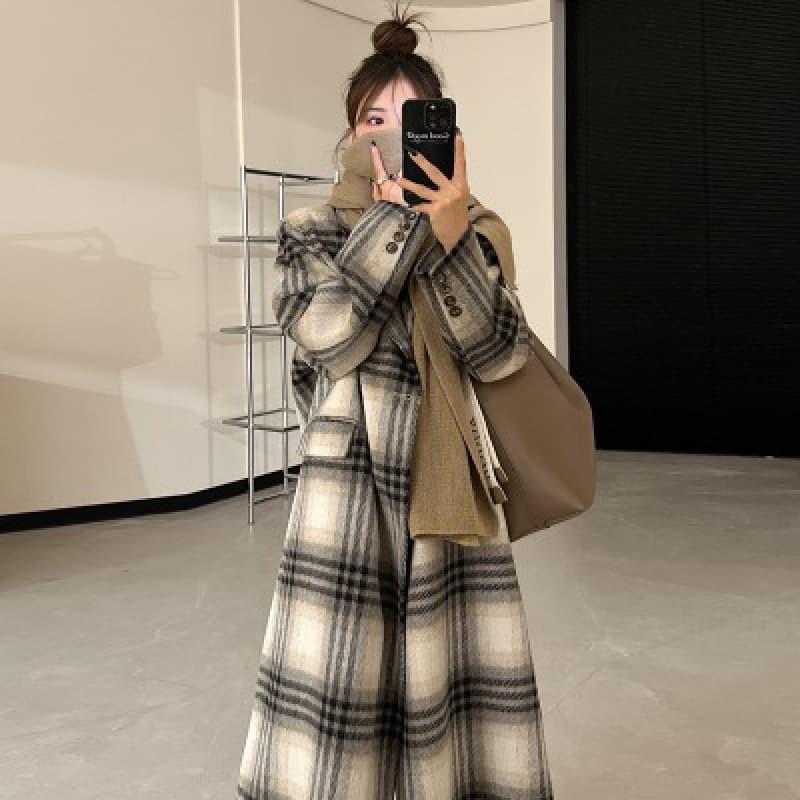 thickened autumn and winter New long wool high-grade Korean plaid double-sided coat women's extended woolen coat