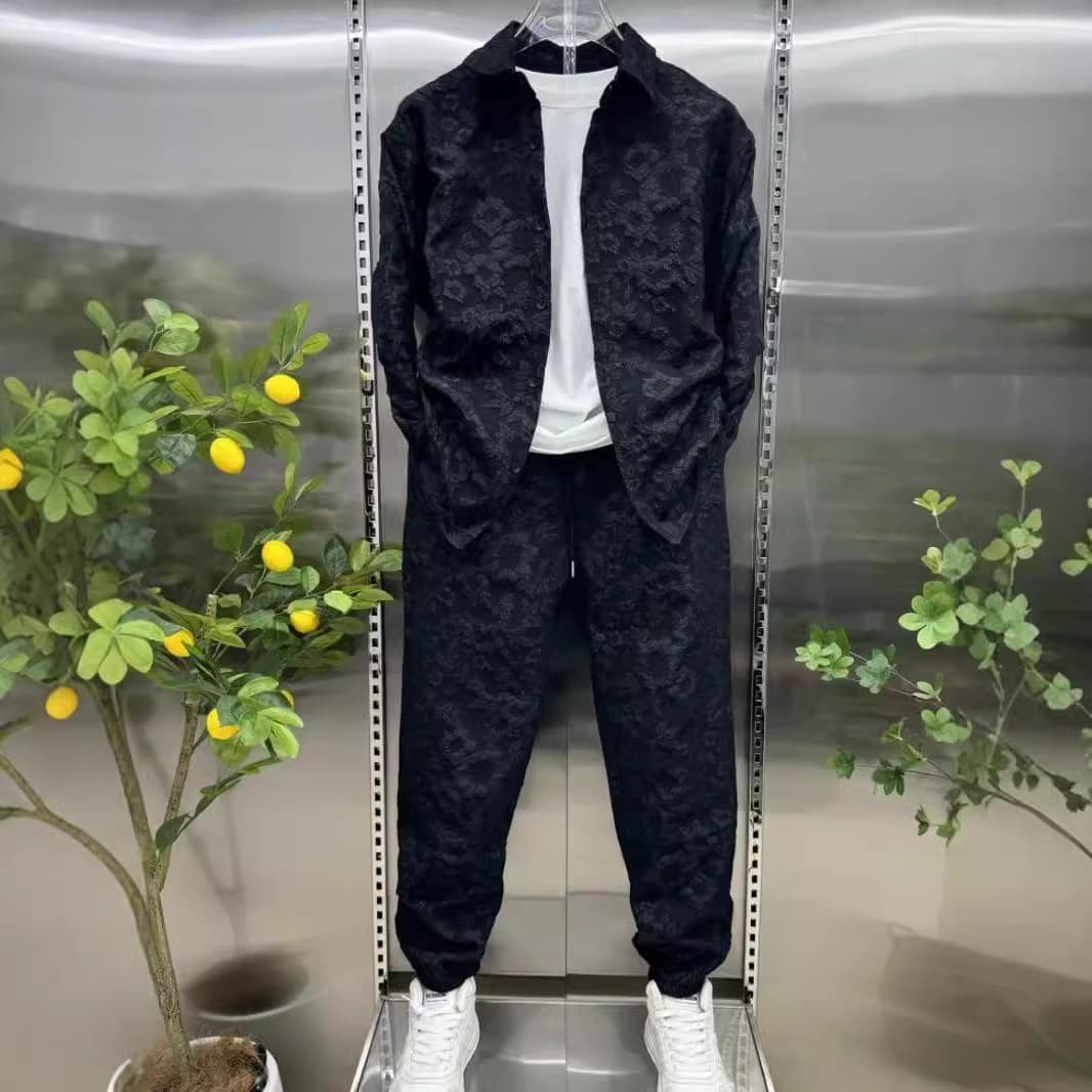 Men's Clothing Autumn New Three Dimensional Relief Jacquard Shirt Fashion Slim Trousers Two Piece Suit Men's Trendy Brand Casual Sports Suit