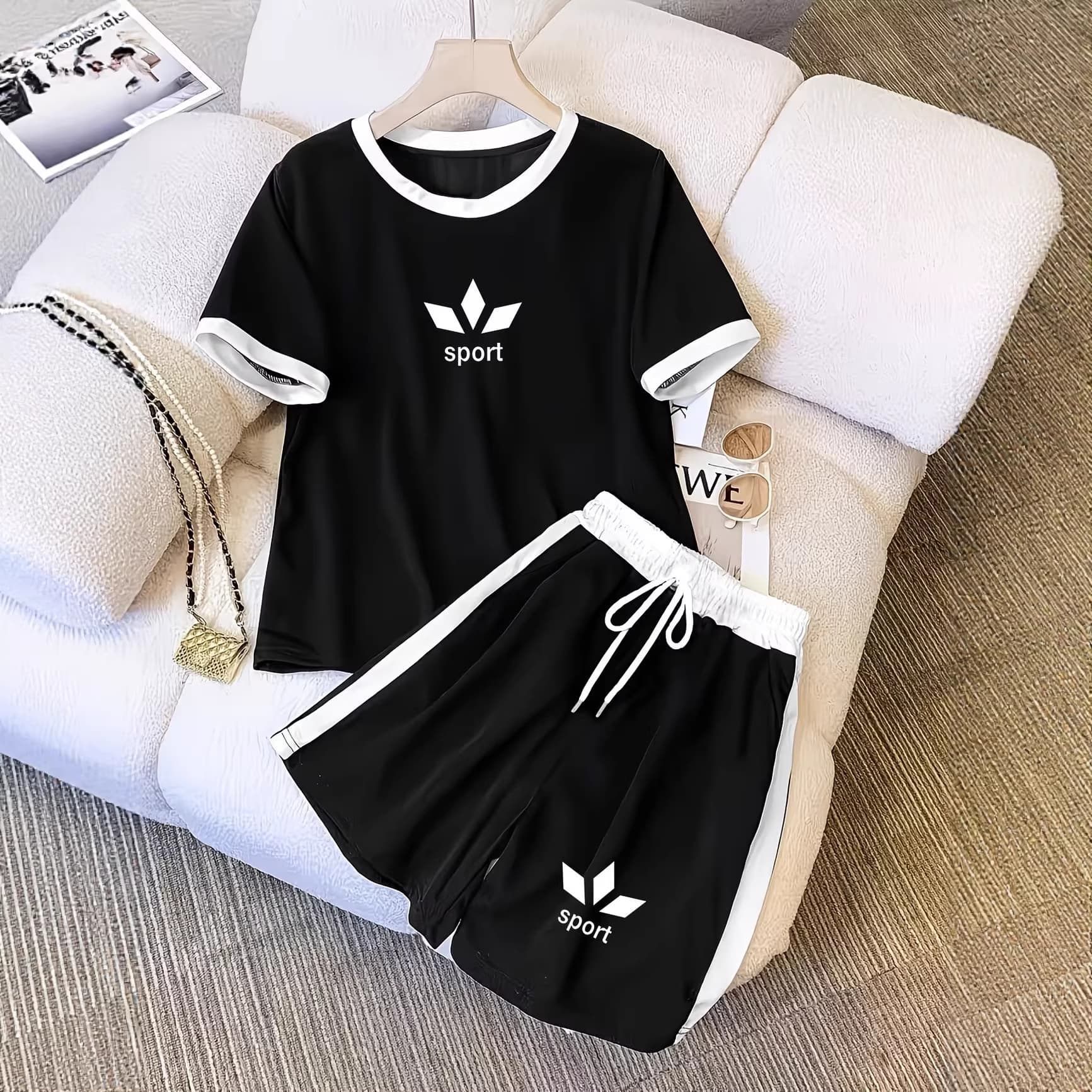 Women's Classic Color Block Pant Set Black White Short Sleeve Shirt And Shorts Summer Casual Outfit Simple Print Design