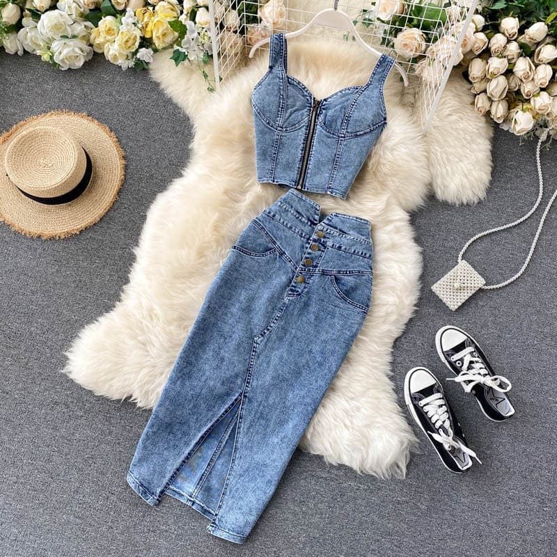 Women Sexy short camisole vest high waisted denim skirt