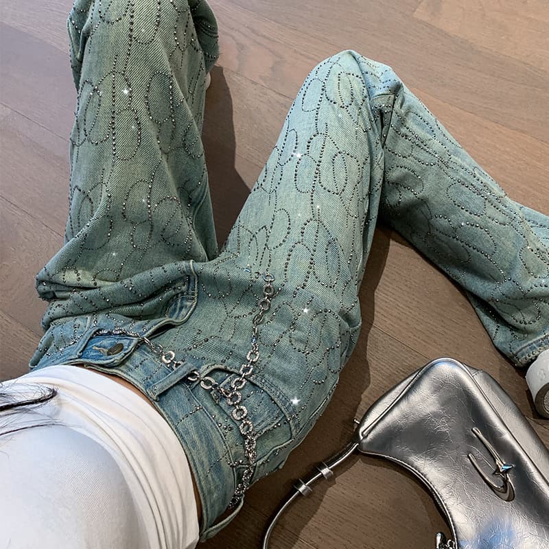 Women’s Clothing spring and summer new luxury gradient rhinestones starry straight jeans narrow leg pants