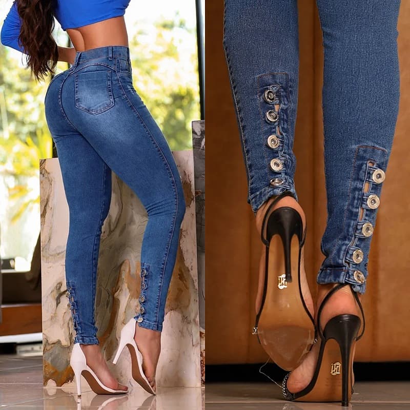 Women's Clothing Spring New High Waist Stretch Jeans Women's Tight Hip Lifting Buttoned Pants
