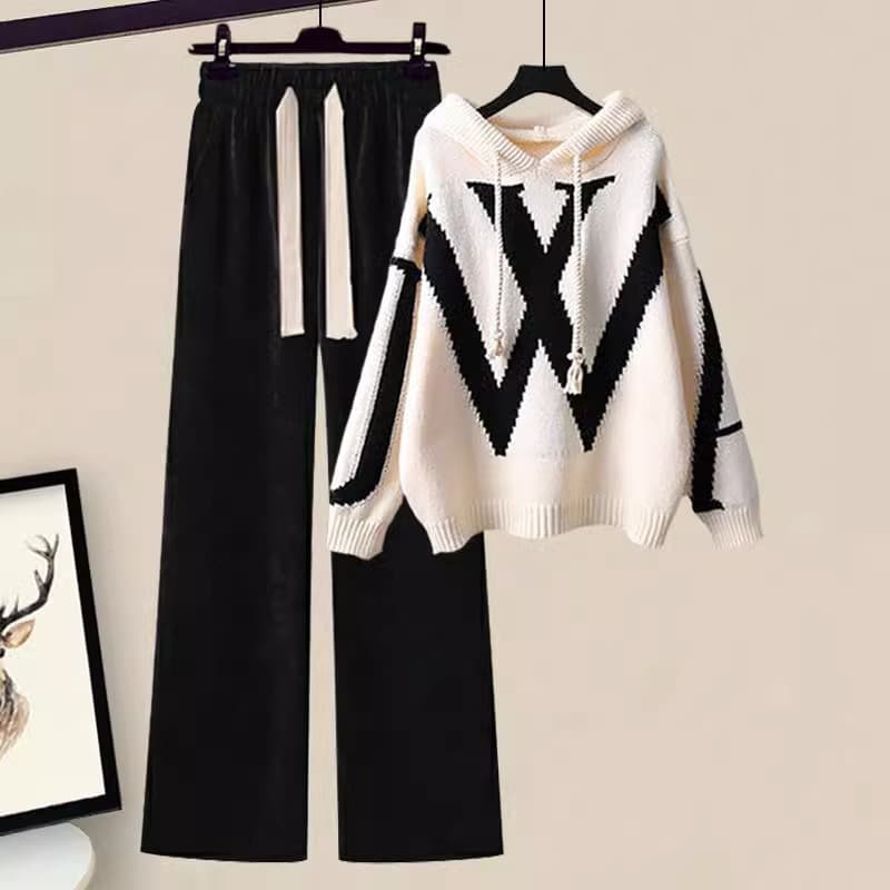 Women's Clothing Salt Light Luxury Suit Meat Covering College Style Hooded Knitted Sweater Wide Leg Pants Two Piece Suit