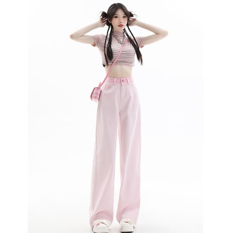 Pink Jeans Women High Waist American Street Wide Leg Pants Fashion Simple Baggy Vintage 2023 NEW Straight Autumn Trousers
