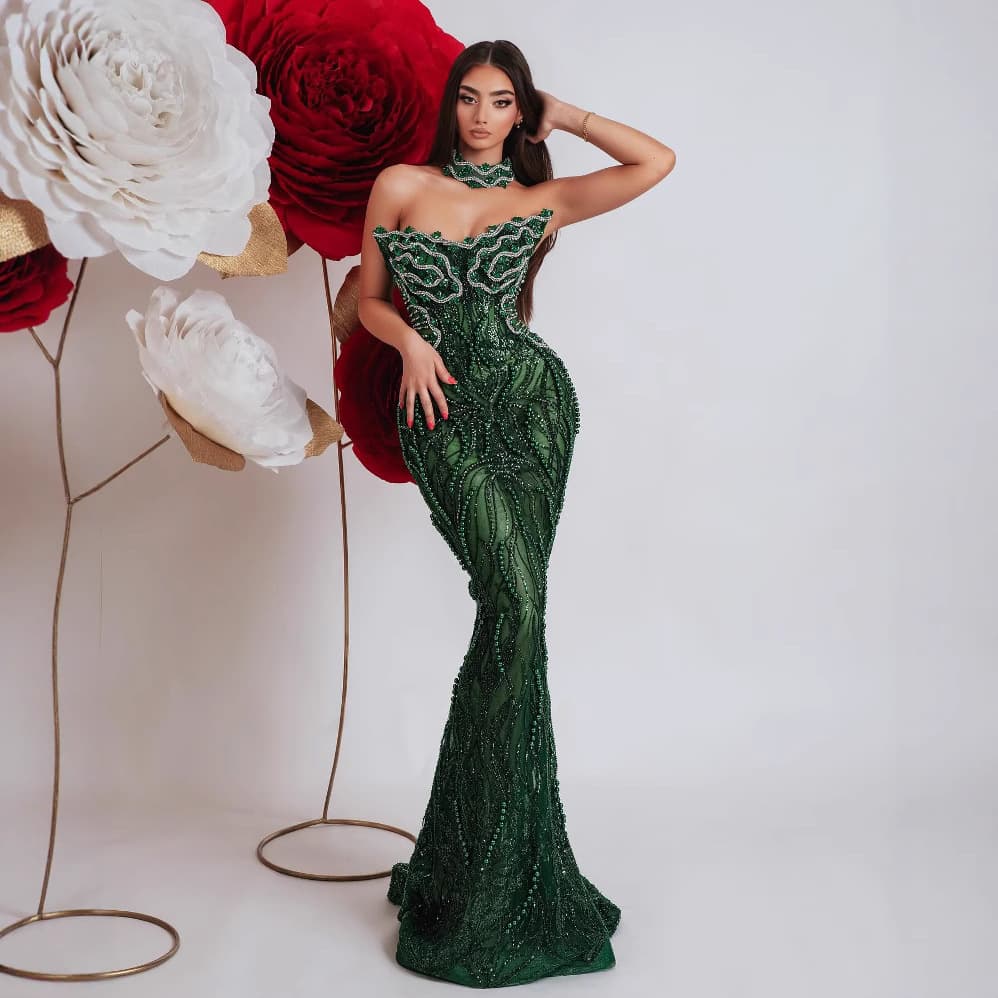 Elegant Beaded Sequin Strapless Evening Gown For Women – High Waist Long Dress For Wedding, Party & Special Occasions