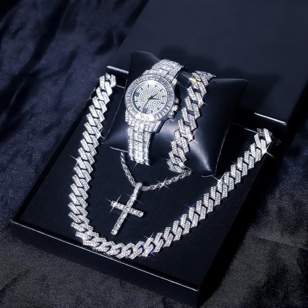 UrbanEdge Hip-Hop Jewelry Set - Quartz Watch, Chain Necklace & Bracelet Combo