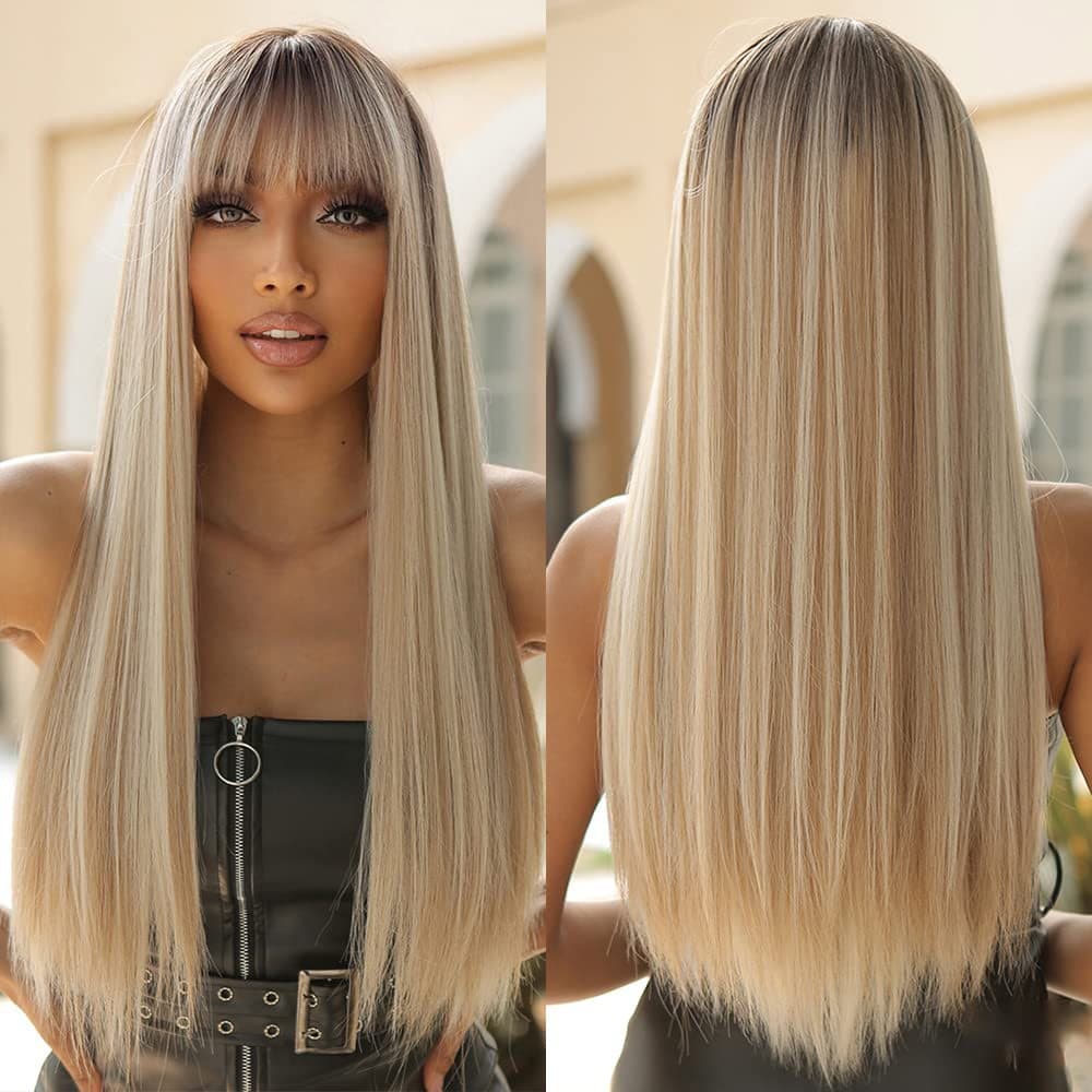 Wig Women's wig length bangs straight hair high temperature silk chemical fiber head cover