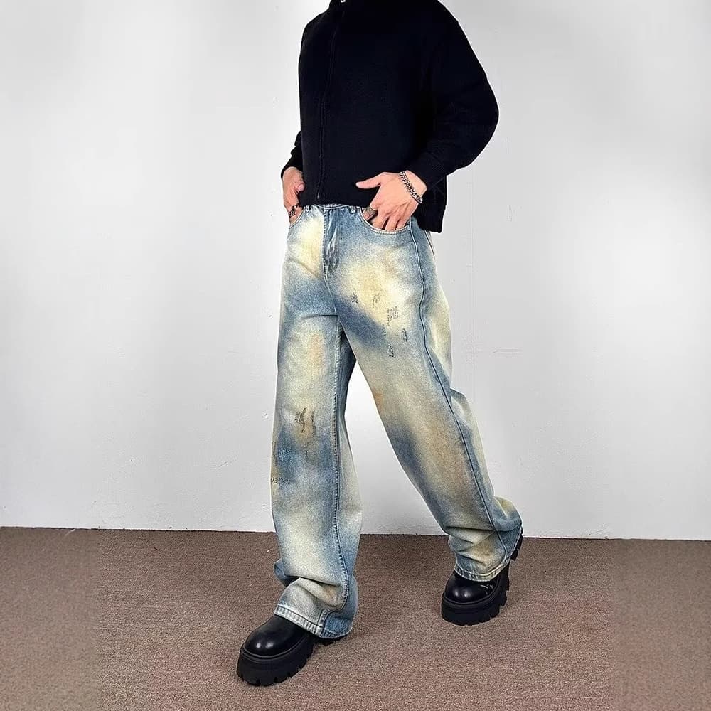 Men's Clothing High Street Tie Dyed Gradient Washed Jeans For Men And Women Retro Vibe Dirty Dyed Loose Straight Flared Wide Leg Pants