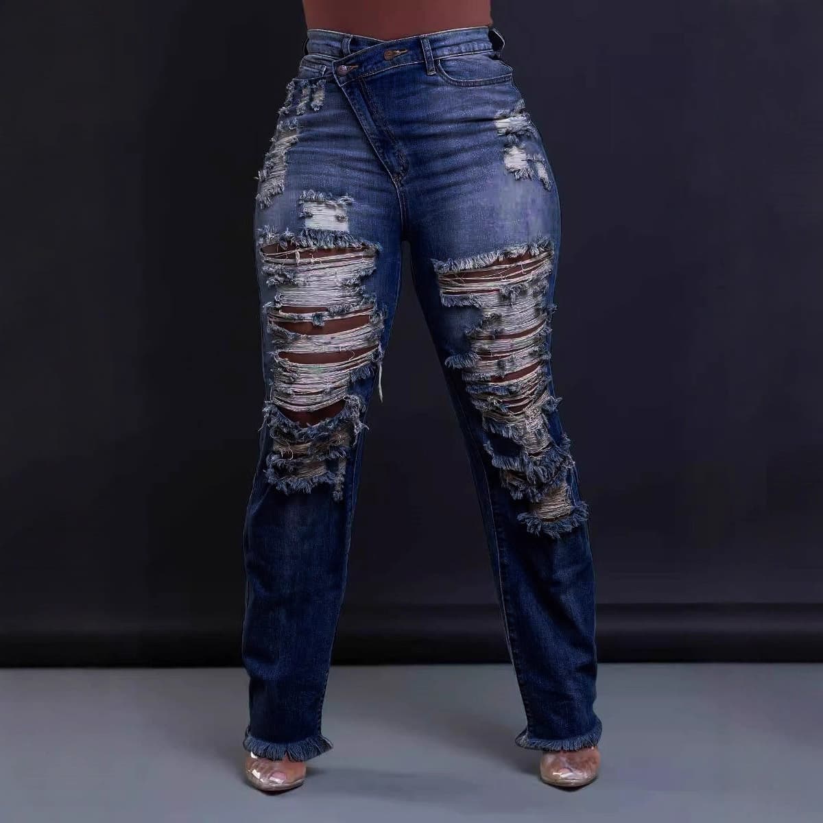 "Women's Distressed Fringe Hem Straight Leg Jeans – Stretch Denim With Unique Waistband, Comfortable & Stylish Fall Winter Trousers"