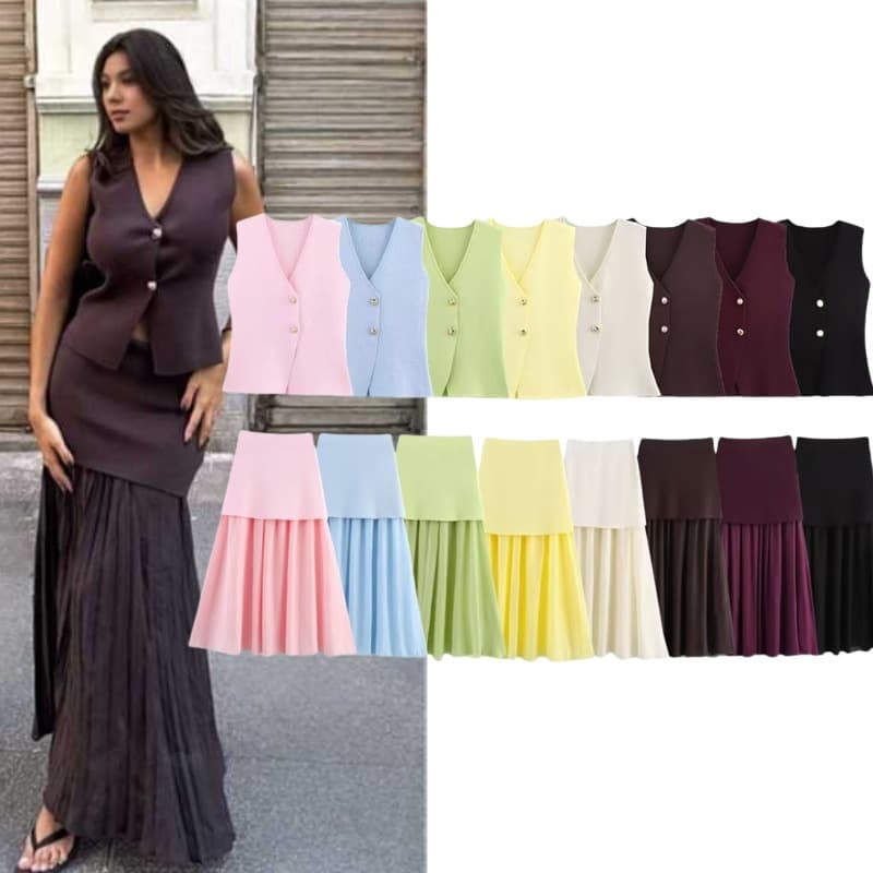 ​​V-Neck Gold Button Knit Vest + Pleated Midi Skirt Set – Timeless Elegance, Breathable Stretch, Day-to-Night Versatility​​