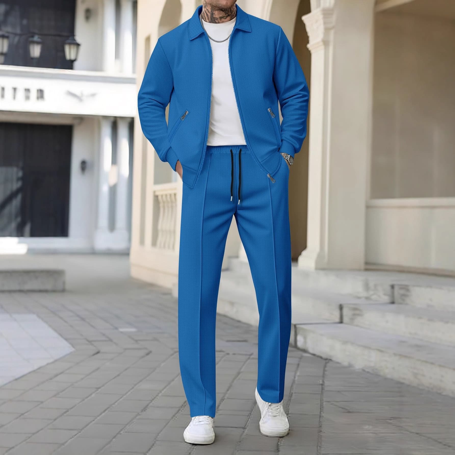 Men's Waffle Knit Jogger Pants Set With Drawstring - Casual Sportswear For Spring & Fall - Breathable & Comfortable