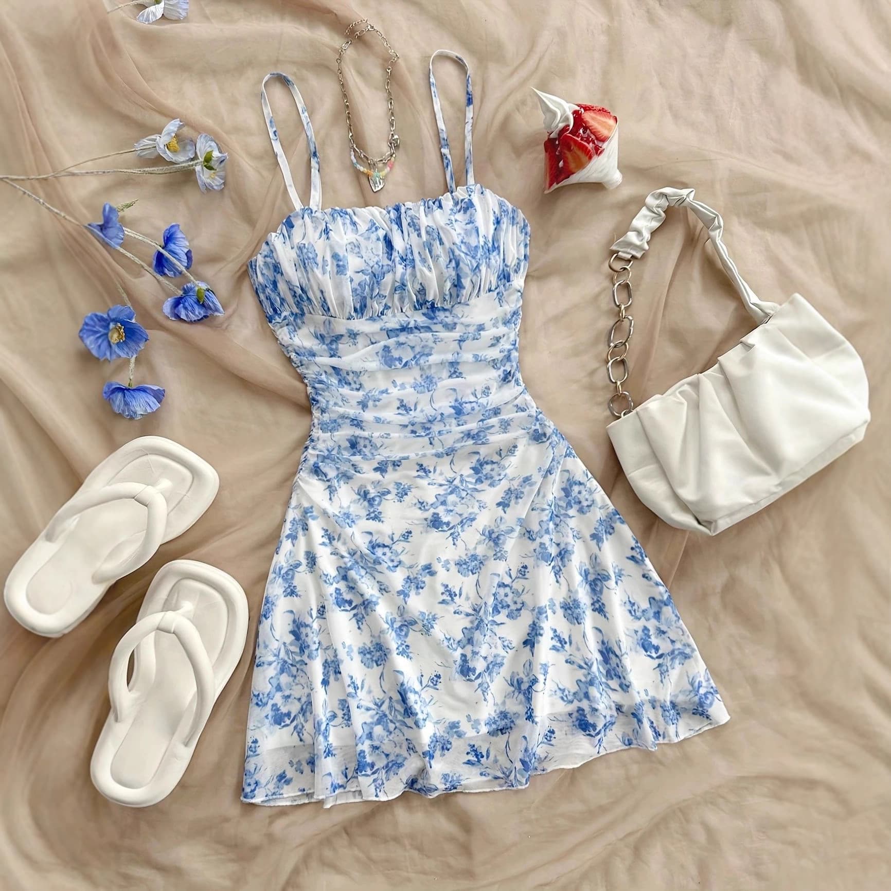 ​​Women's Floral Print Summer Beach Dress With Adjustable Straps & Waist Tie - Light Blue, XS/S/M/L​​