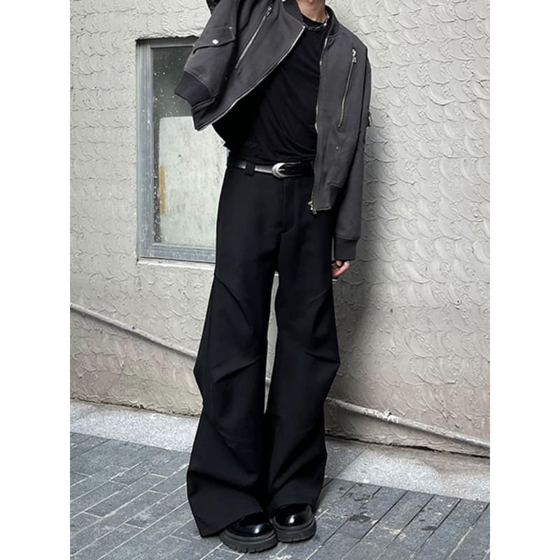 Men's Wide-Leg Pleated Trousers - Cleanfit Casual High Waist Flared Pants With Elastic Waistband For Everyday Wear (Black)