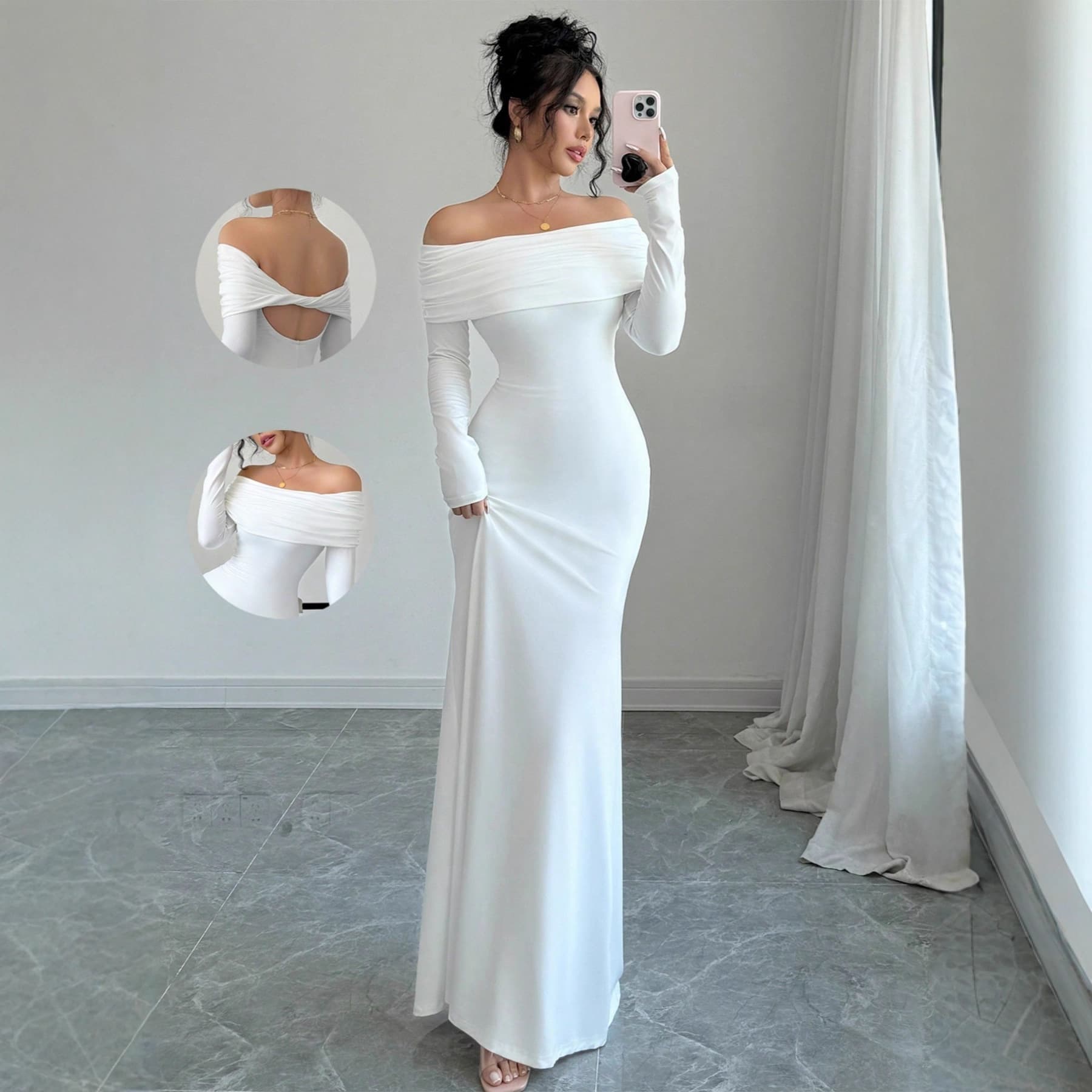 Women's Clothing Off-Shoulder Ruffle Bodycon Dress – Elegant Evening Gown With Slim Fit & Long Sleeves