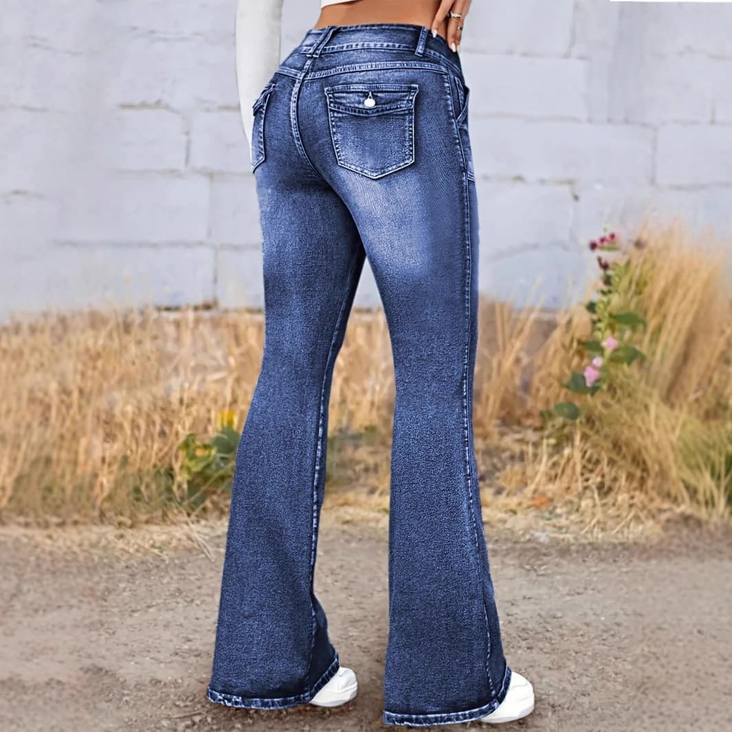 ​​High-Waisted Flared Jeans For Women - Stretchy Bootcut Denim Pants With Button Details & Vintage Wash​​