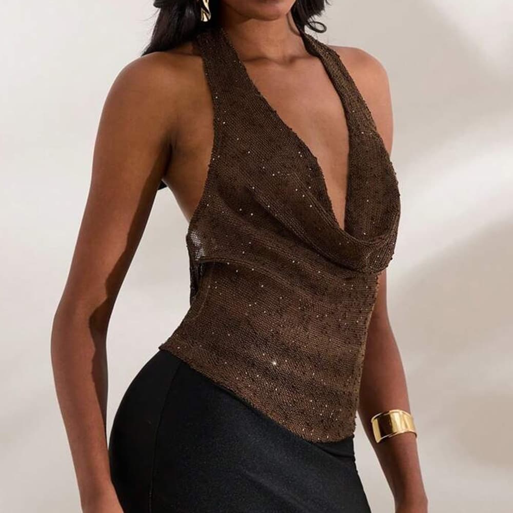 51646 Nazada European And American Foreign Trade Shiny Deep V Solid Color Vest Fashion Sexy See-through Swing Neck