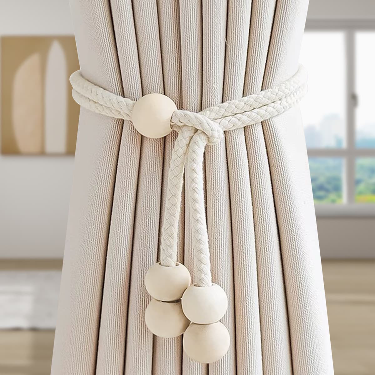 Cotton Rope & Wooden Bead Curtain Tiebacks - No-Hole Adjustable Drape Holders (Boho Style)​
