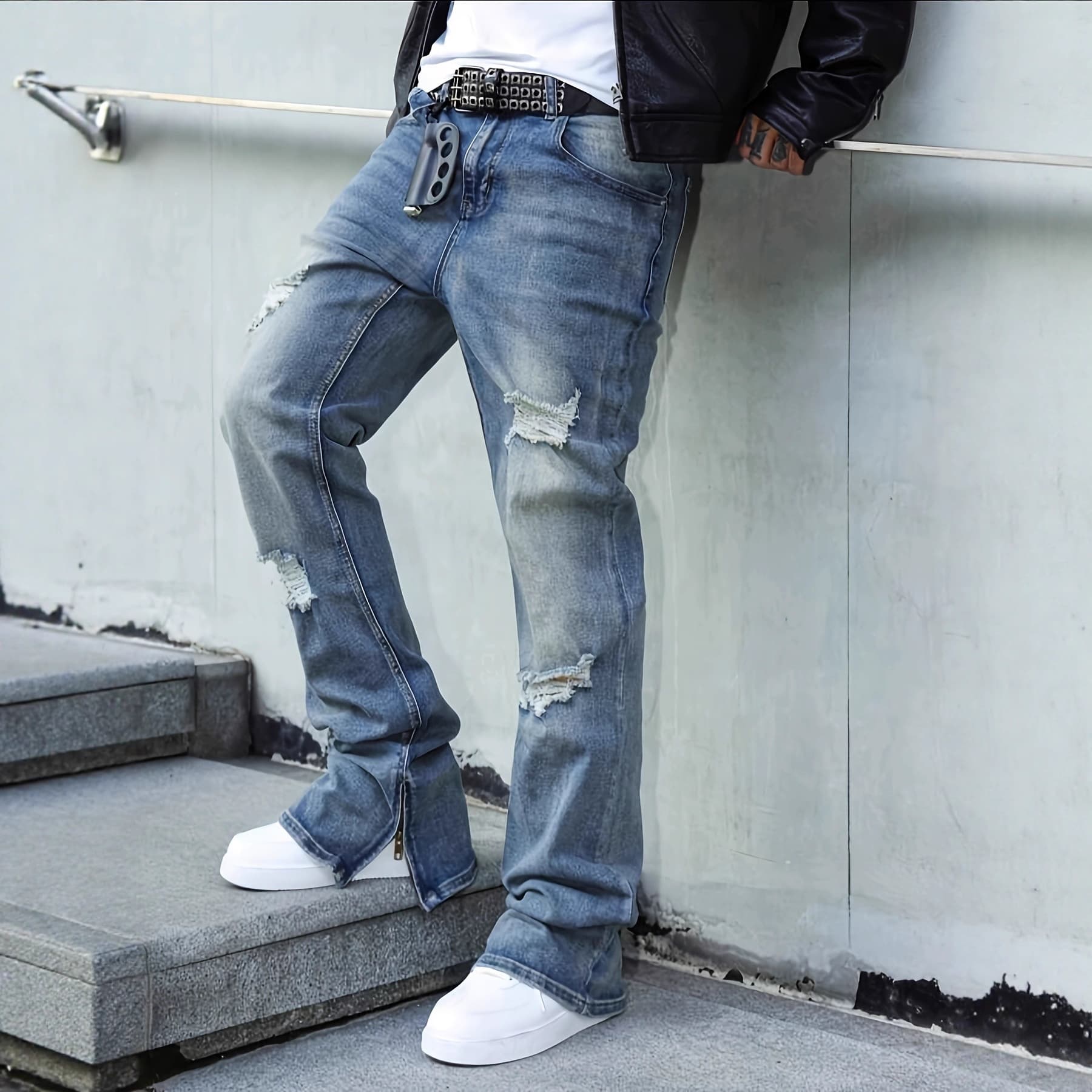 Distressed Zip-Fly Denim Jeans For Men – Vintage Washed High-Street Style Straight Leg Pants (Blue/Black)