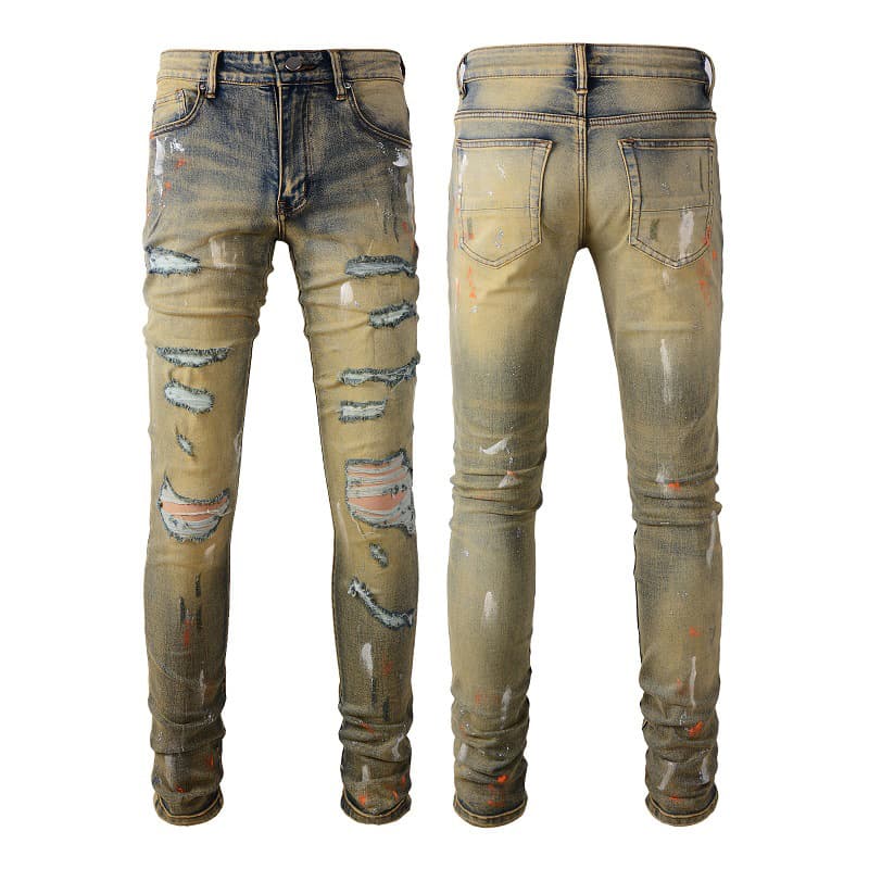 Men's Clothing New Men's High Street Jeans Men's Ink Splash Graffiti Trendy Brand Slim Fit High end Ripped Skinny Jeans