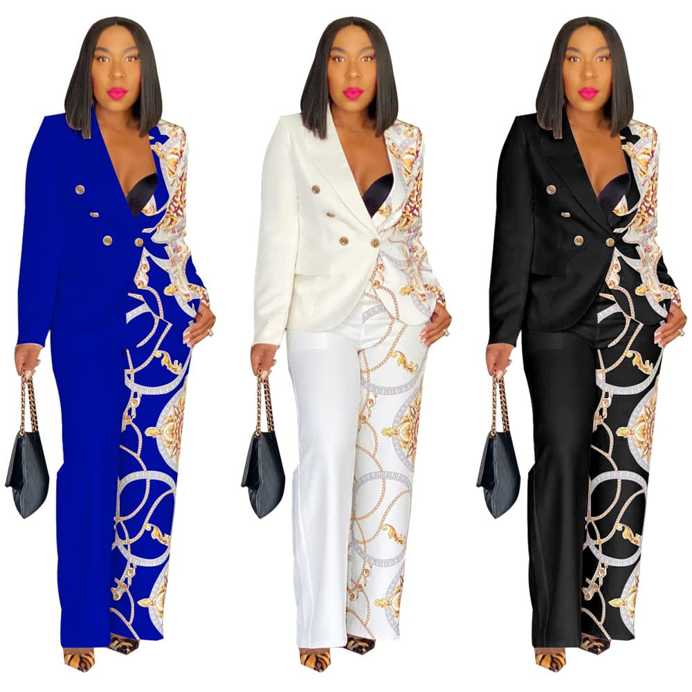 ​Printed Notch Lapel Blazer & Pants Set For Women – Trendy Long-Sleeve Office & Streetwear Two-Piece (S-XXL, 3 Colors)​