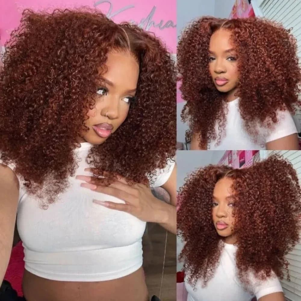 Reddish Brown Jerry Curly Lace Front Wig Remy Human Hair 13x6 Kinky Curly Glueless Transparent Frontal Wig