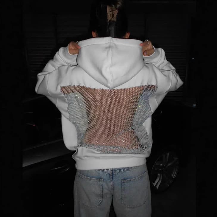 2026 Autumn And Winter New Women's Fashion Solid Color Backless Hollow Mesh Hoodie Sweatshirt