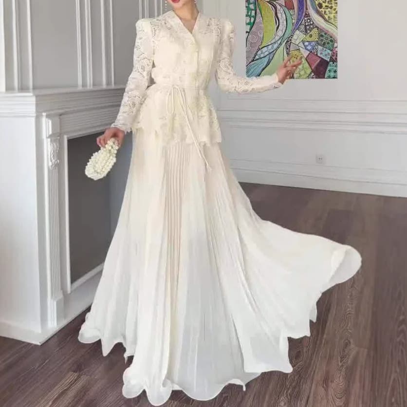 ​​Elegant Lace High-Waisted Long Sleeve Dress Set – Hollow-Out Ruffle Skirt & Blouse, Office-Ready Chic (Ivory)​​