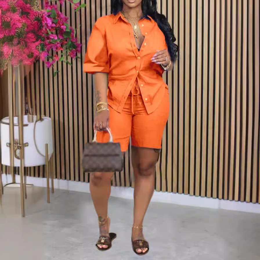 Women's Clothing Fashion Suits Solid Color Shirts And Shorts Short Sleeved Suits