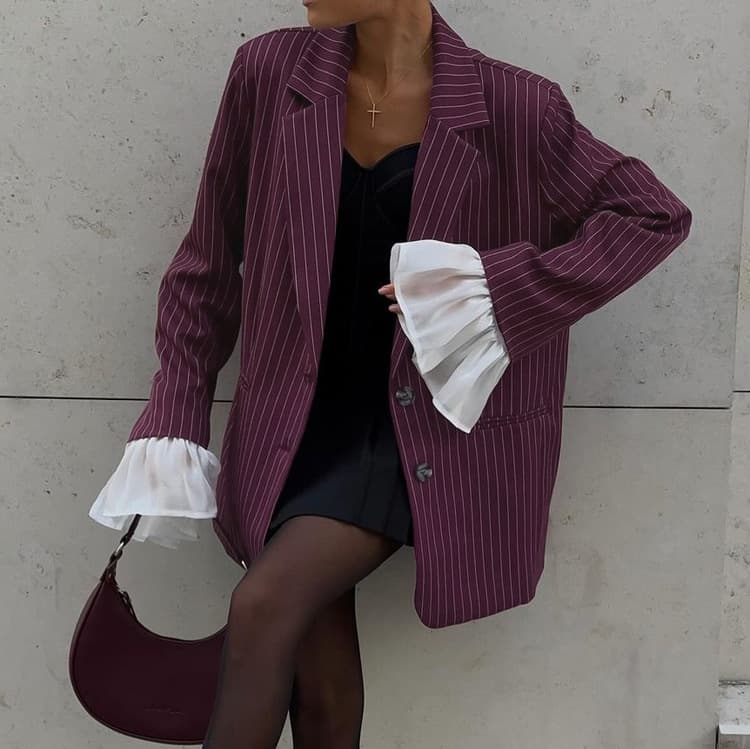 Veste de costume à rayures pour femme, élégante veste à rayures avec manches cloche en dentelle – Coupe ample, décontractée, printemps/automne, couleur bordeaux