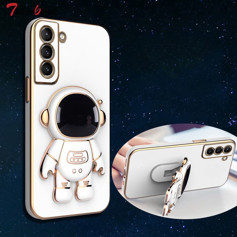 Astronaut Bracket Plating Phone Holder Case For Samsung Galaxy S22 S21 S20 Ultra FE S10 Plus Coque Soft Silicone Cover
