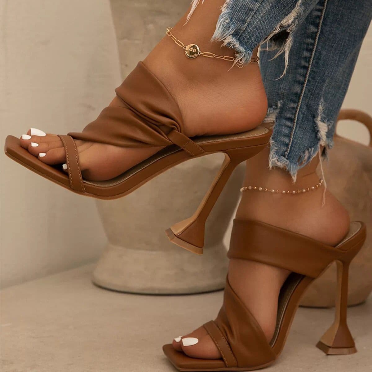 Women's Shoes New Summer Square Head High Heel Sandals Women's Stiletto Sandals Heels ShoesGolden Shoes