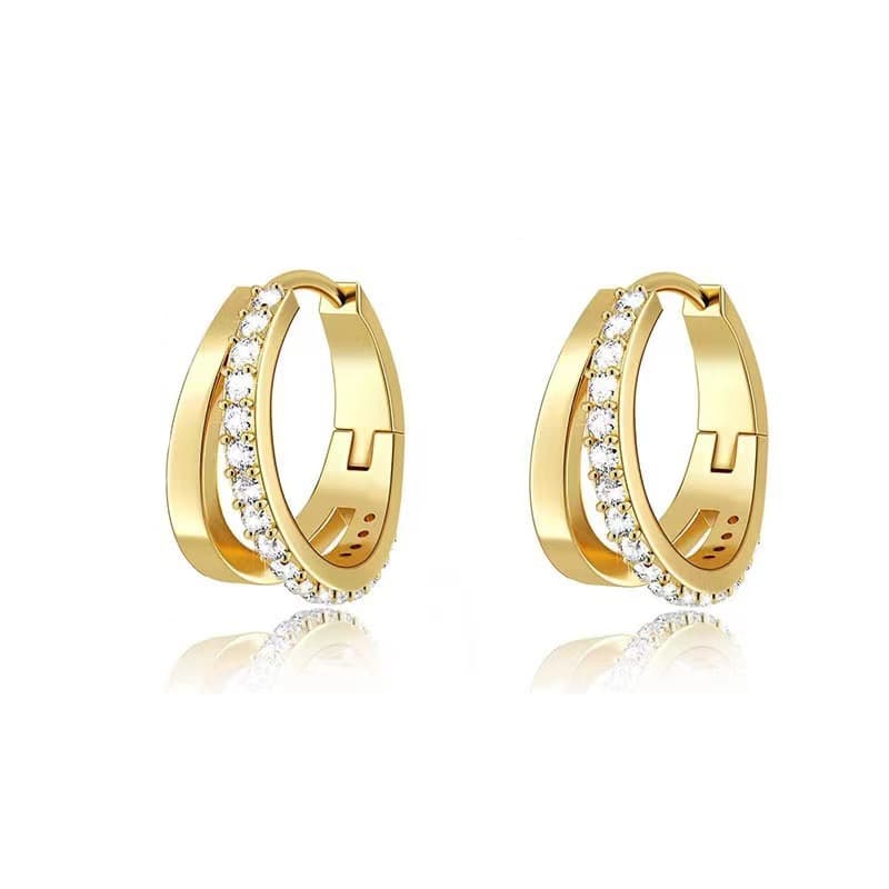 Women's Jewelry Temperament Simple Copper Inlaid Zirconium Double Layer Earrings Retro Design Sense Ladies Earrings
