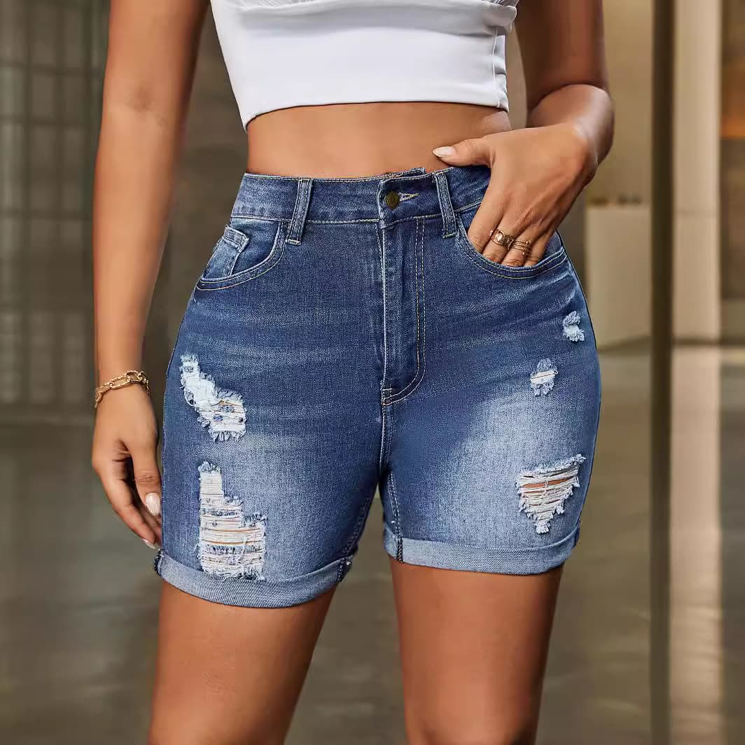 Women’s Clothing retro high waist ripped denim shorts stretch jeans women's clothing summer new